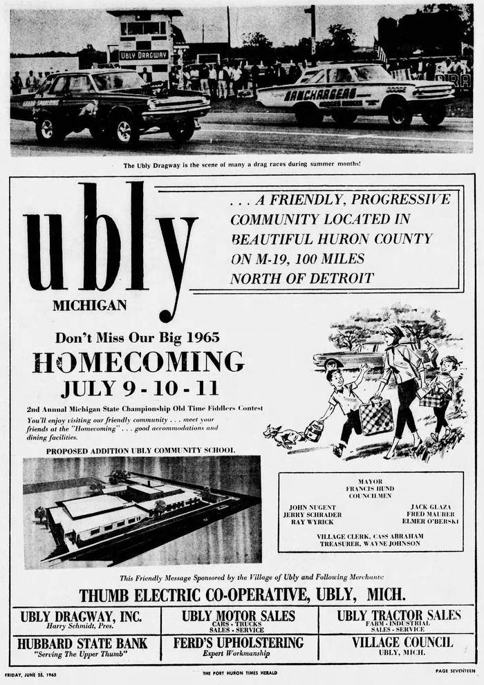1965 ubly homecoming ad featuring dragway Ubly Dragway, Ubly
